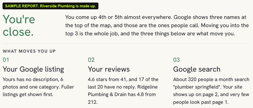 Sample: what moves you up, their Google listing, their reviews and the busiest Google search.