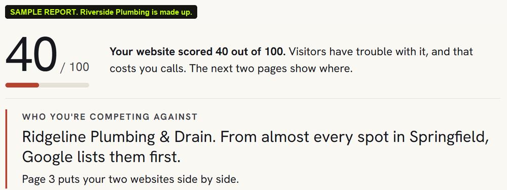 Sample: a website score of 40 out of 100 and the competitor Google lists first.